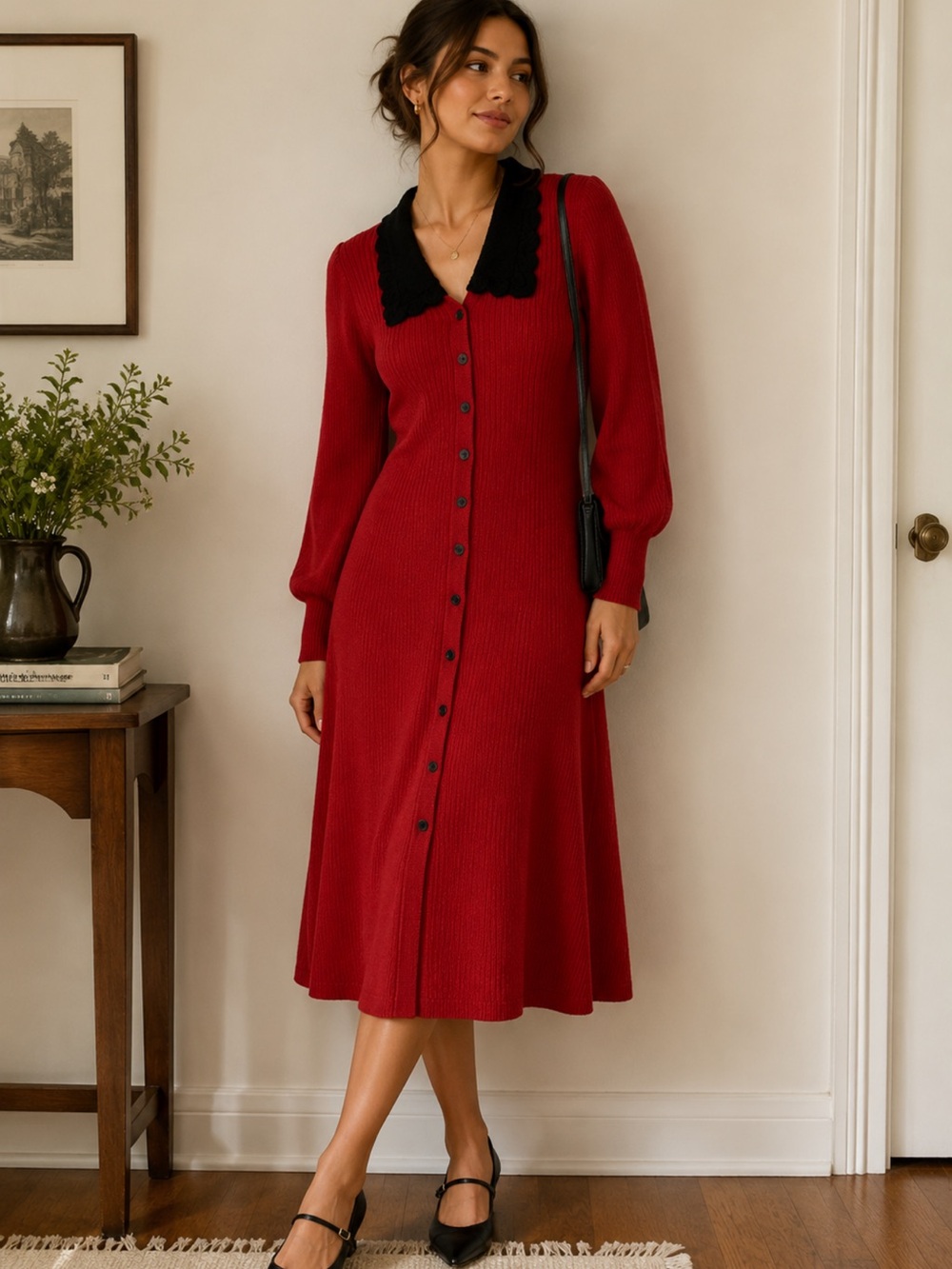 Kuose Red Button-Front Knit midi  Dress with Black Scalloped Collar M Y2K